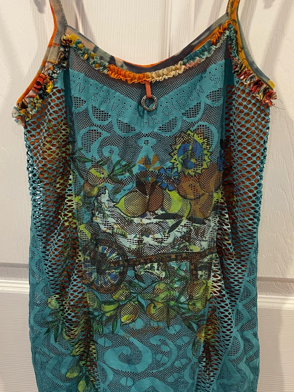 Save The Queen Y2K Turquoise Floral Mesh sleeveless Cami with Orange Trim medium - Picture 3 of 11